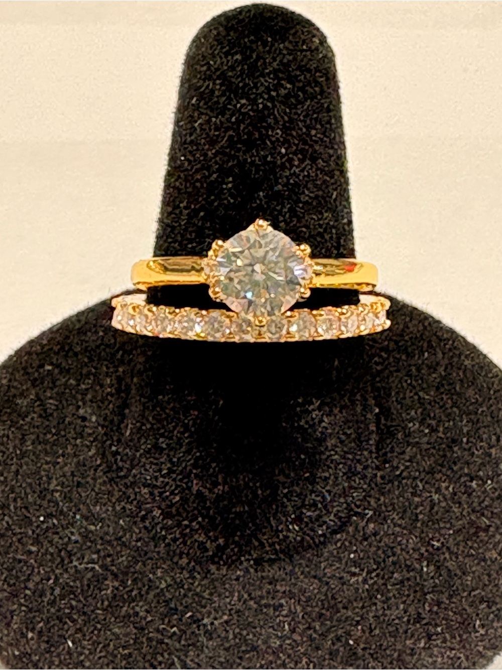 Gold Solitaire and Pave Band Ring Set - Sparkling Clear Moissanite Stone